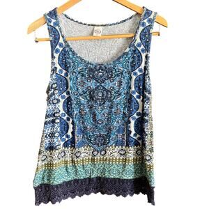 BILA  | Blue & Green Floral Lace Trim Scoop Neck Beaded Sequined Tank top Small